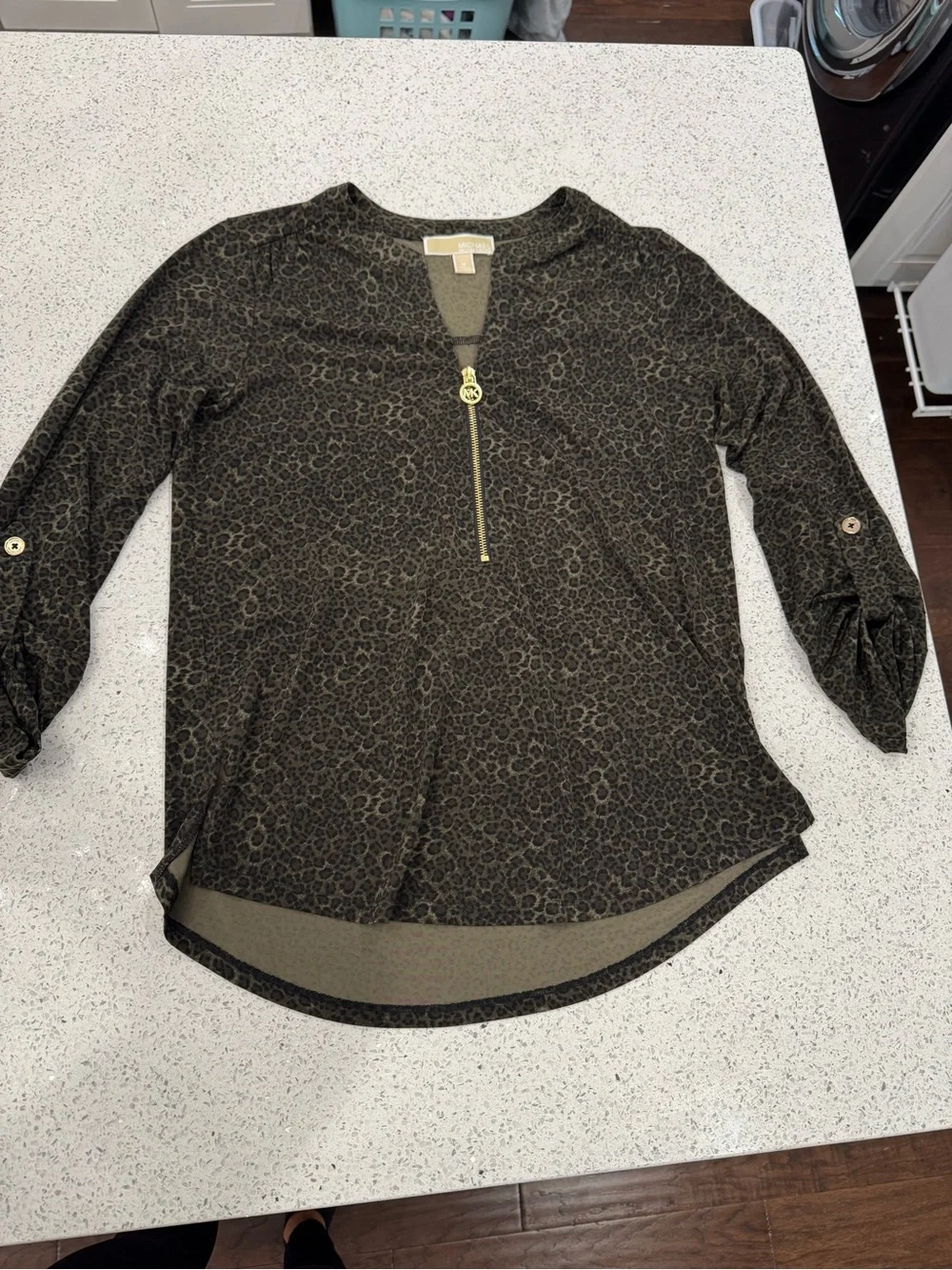Michael Kors Olive Green Leopard Zip-Front Blouse with Gold Pull